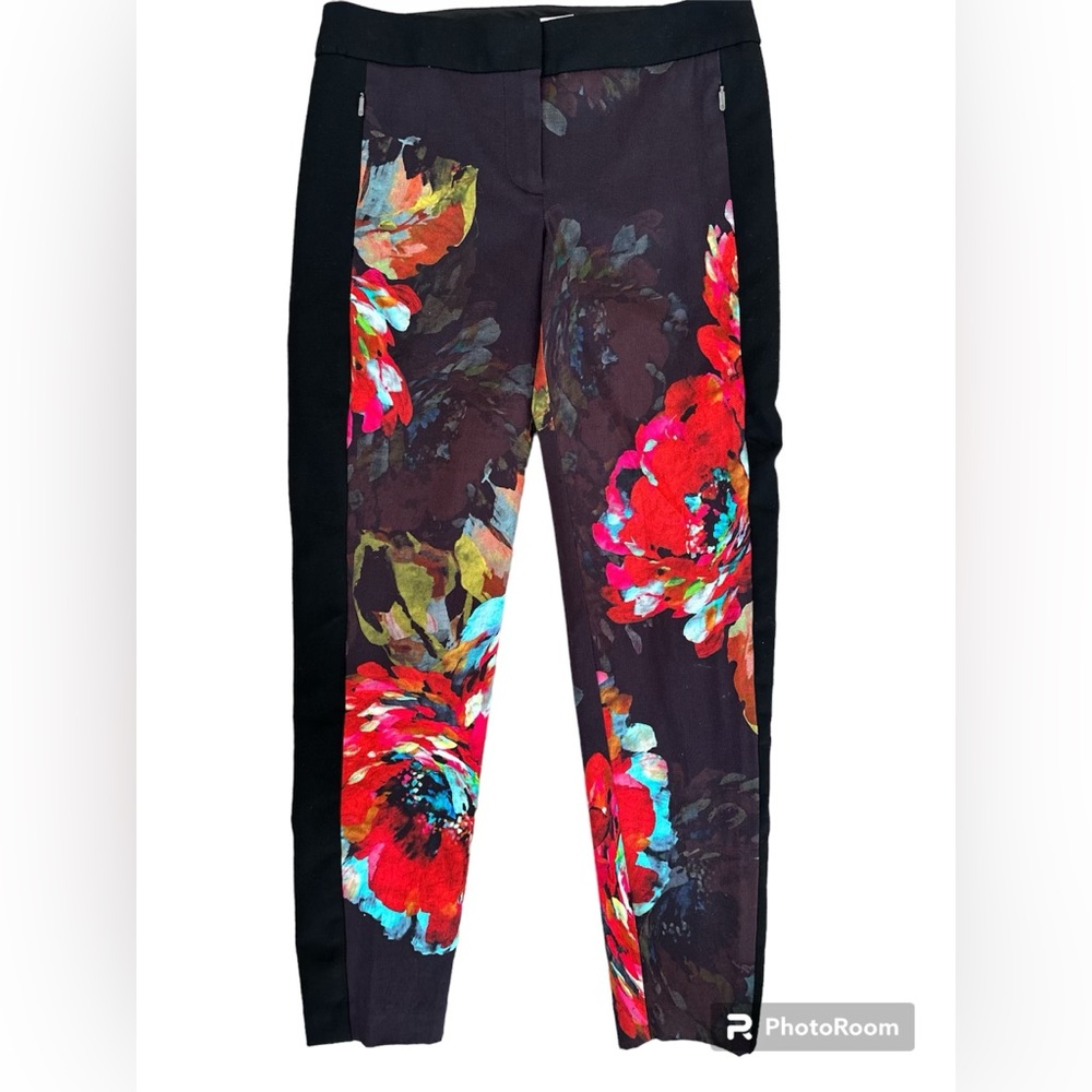 Trina Turk Fully Lined Black Floral Designer Pants Stretchy sz 2 Ankle Crop EUC